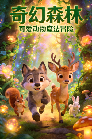 动画电影《奇幻森林》海报 - 可爱动物在魔法森林中冒险