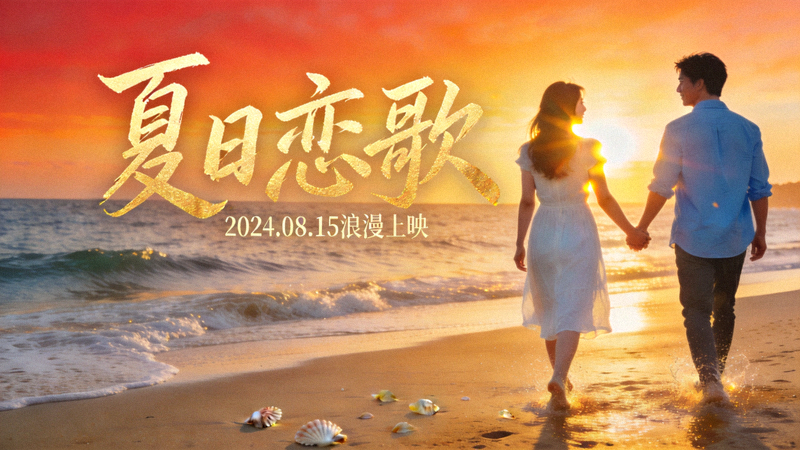 浪漫爱情剧《夏日恋歌》海报 - 情侣在海边夕阳下漫步